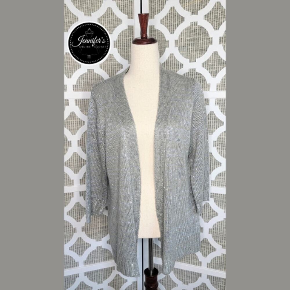NY Collection Women's Gray Sequin 3/4 Sleeve Open Cardigan Size XL